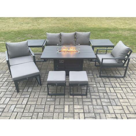 Fimous Aluminium Patio Outdoor Garden Furniture Lounge Sofa Set Gas Fire Pit Dining Table with 2 Side Tables 3 Footstools Dark Grey