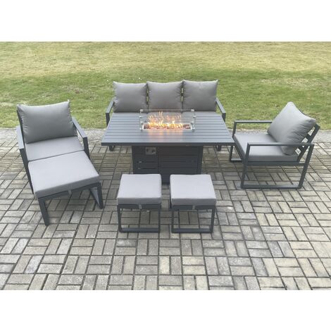 Fimous Aluminium Patio Outdoor Garden Furniture Lounge Sofa Set Gas Fire Pit Dining Table with 3 Footstools Dark Grey