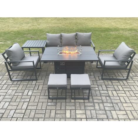 Fimous Aluminium Patio Outdoor Garden Furniture Lounge Sofa Set Gas Fire Pit Dining Table with Side Table 2 Small Footstools Dark Grey