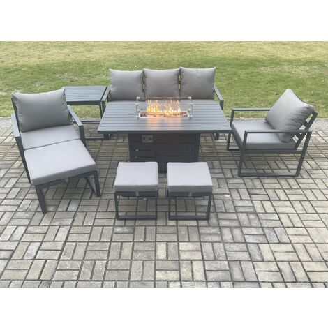 Fimous Aluminium Patio Outdoor Garden Furniture Lounge Sofa Set Gas Fire Pit Dining Table with Side Table 3 Footstools Dark Grey