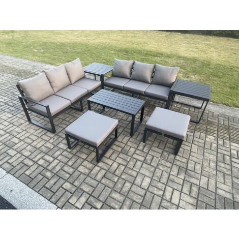 Fimous Aluminium Patio Outdoor Garden Furniture Lounge Sofa Set with Oblong Coffee Table 2 Big Footstools 2 Side Tables Dark Grey