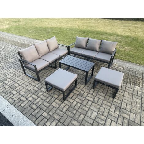 Fimous Aluminium Patio Outdoor Garden Furniture Lounge Sofa Set with Oblong Coffee Table 2 Big Footstools Dark Grey