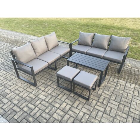 Fimous Aluminium Patio Outdoor Garden Furniture Lounge Sofa Set with Oblong Coffee Table 2 Small Footstools Dark Grey