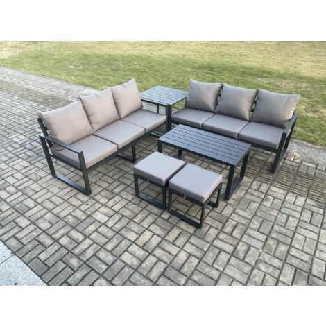 Fimous Aluminium Patio Outdoor Garden Furniture Lounge Sofa Set with Oblong Coffee Table 2 Small Footstools Side Table Dark Grey