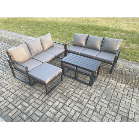 Fimous Aluminium Patio Outdoor Garden Furniture Lounge Sofa Set with Oblong Coffee Table 3 Footstools Dark Grey