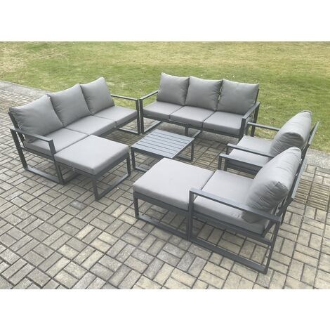Fimous Aluminium Patio Outdoor Garden Furniture Lounge Sofa Set with Square Coffee Table 2 Chairs 2 Big Footstools Dark Grey