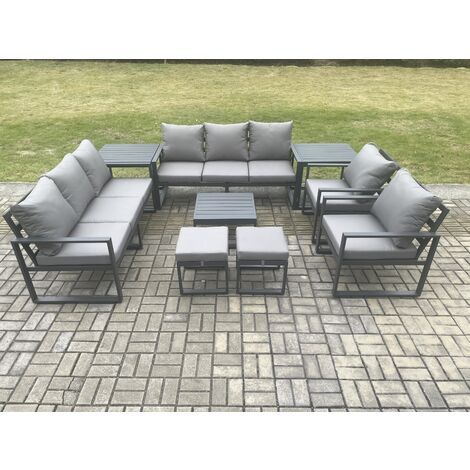 Fimous Aluminium Patio Outdoor Garden Furniture Lounge Sofa Set with Square Coffee Table 2 Chairs 2 Side Tables 2 Small Footstool Dark Grey