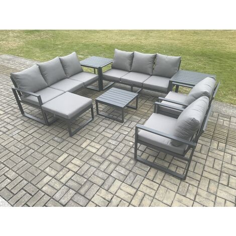Fimous Aluminium Patio Outdoor Garden Furniture Lounge Sofa Set with Square Coffee Table 2 Chairs Big Footstool 2 Side Tables Dark Grey