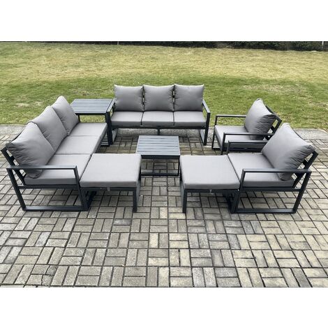 Fimous Aluminium Patio Outdoor Garden Furniture Lounge Sofa Set with Square Coffee Table 2 Chairs Side Table 2 Big Footstool Dark Grey