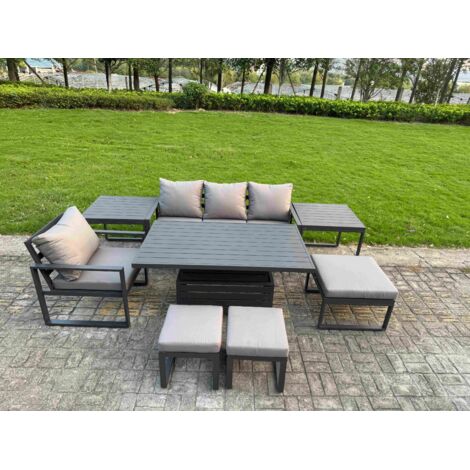 Fimous Aluminum Outdoor Dining Set Patio Dining Furniture Set Includes Adjustable Rising Lifting Dining Table Chairs with 3 Footstools 2 Side Tables