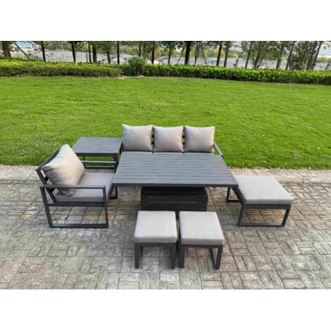 Fimous Aluminum Outdoor Dining Set Patio Dining Furniture Set Includes Adjustable Rising Lifting Dining Table Chairs with 3 Footstools Side Table