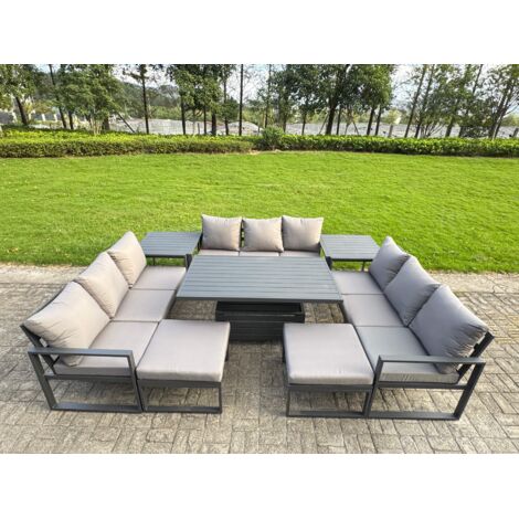 Fimous Aluminum Outdoor Patio Furniture Set Modern Patio Conversation Sets with Adjustable Rising Lifting Dining Table 2 Big Footstools 2 Side Tables Dark Grey