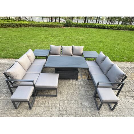 Fimous Aluminum Outdoor Patio Furniture Set Modern Patio Conversation Sets with Adjustable Rising Lifting Dining Table 3 Footstools 2 Side Tables Dark Grey