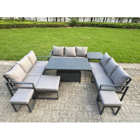 Fimous Aluminum Outdoor Patio Furniture Set Modern Patio Conversation Sets with Adjustable Rising Lifting Dining Table 3 Footstools Side Table Dark Grey