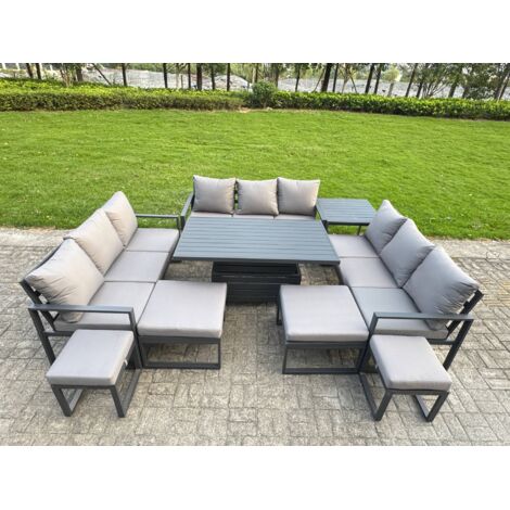 Fimous Aluminum Outdoor Patio Furniture Set Modern Patio Conversation Sets with Adjustable Rising Lifting Dining Table 4 Footstool Side Table Dark Grey