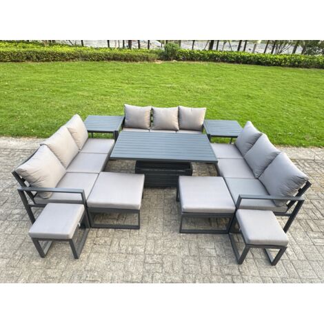 Fimous Aluminum Outdoor Patio Furniture Set Modern Patio Conversation Sets with Adjustable Rising Lifting Dining Table 4 Footstools 2 Side Tables Dark Grey