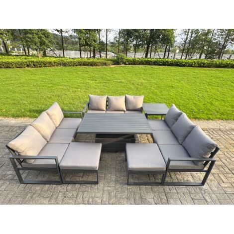 Fimous Aluminum Outdoor Patio Furniture Set Modern Patio Conversation Sets with Adjustable Rising Lifting Dining Table Big Footstool Side Table Dark Grey