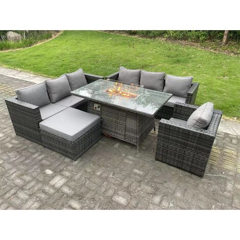 Fimous – Canapé de jardin 8 places en rotin gris foncé – Table à manger avec foyer à gaz – Fauteuil et grand tabouret inclus – Résistant aux intempéries