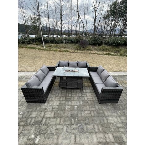 Fimous – Canapé en rotin 9 places en forme de U – Ensemble mobilier de jardin avec table à manger et foyer au gaz – Gris foncé