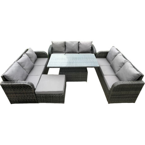 Fimous Cour jardin salle à manger ensemble extérieur meubles en rotin canapé décontracté hauteur réglable table de levage avec grand repose-pieds gris foncé mix