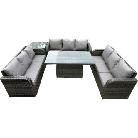 Fimous Cour jardin salle à manger ensemble extérieur meubles en rotin canapé décontracté hauteur réglable table élévatrice avec table d'appoint gris foncé mix