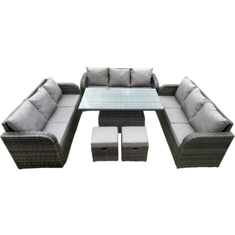 Fimous Cour jardin salle à manger ensemble extérieur meubles en rotin canapé décontracté table élévatrice réglable en hauteur avec 2 petits repose-pieds mélange gris foncé