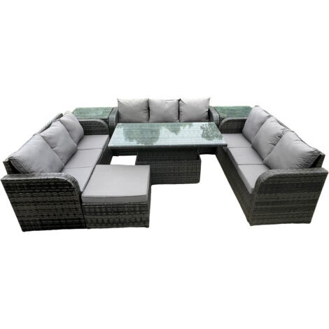 Fimous Cour jardin salle à manger ensemble extérieur meubles en rotin canapé décontracté table élévatrice réglable en hauteur avec 2 tables d'appoint grand repose-pieds gris foncé mix