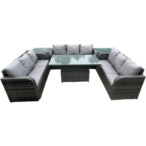 Fimous Cour jardin salle à manger ensemble extérieur meubles en rotin canapé décontracté table élévatrice réglable en hauteur avec 2 tables d'appoint gris foncé mélangé