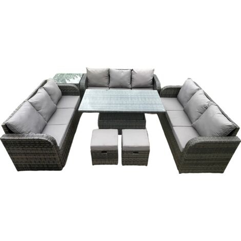 Fimous Cour jardin salle à manger ensemble extérieur meubles en rotin canapé décontracté table élévatrice réglable en hauteur avec table d'appoint 2 petits repose-pieds gris foncé mix