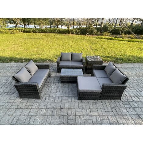 Fimous Dark Grey 7 Seater Outdoor Rattan Garden Furniture Set Patio Love Sofa Rectangular Coffee Table Set with Big Footstool Side Table