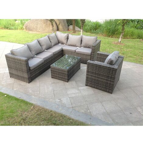 Fimous Dark Grey Mixed PE Rattan Corner Sofa Set Outdoor Garden Furniture Oblong Coffee Table Armchair With Cushions