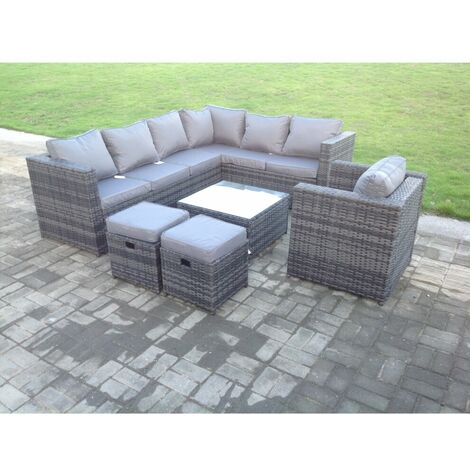 Fimous Dark Grey Mixed Rattan Garden Furniture Corner Sofa Set Square Coffee Table Chair Footstools Right Hand Option