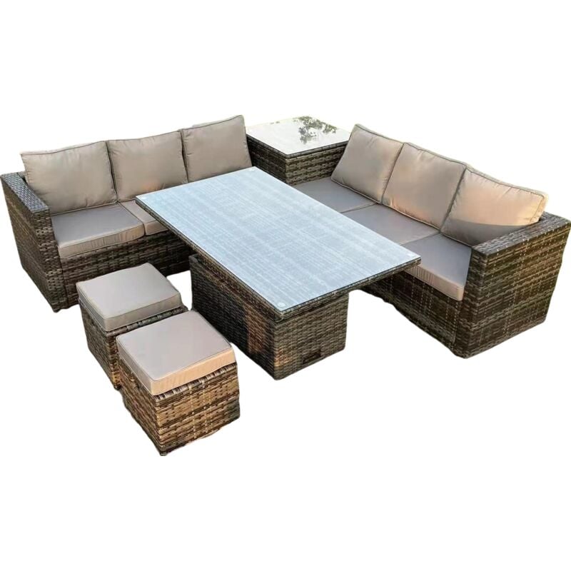 Dark grey mixed wicker rattan corner sofa garden furniture adjustable Table sets footrests - Fimous