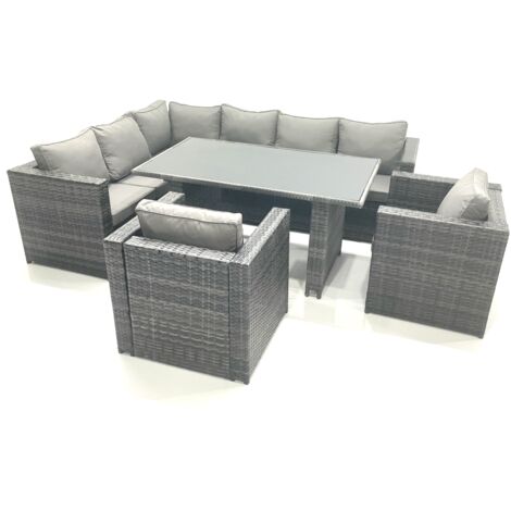 Fimous Dark Grey Outdoor Lounge Rattan Corner Sofa Set Garden Furniture Rectangular Dining Table Chair