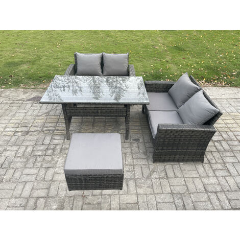 Fimous Dark Grey PE Wicker Rattan Garden Furniture Set Love Sofa Outdoor Rectangular Dining Table Big Footstool