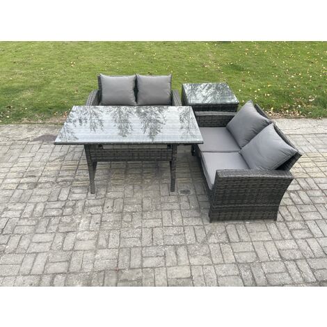 Fimous Dark Grey PE Wicker Rattan Garden Furniture Set Love Sofa Outdoor Rectangular Dining Table Side Table