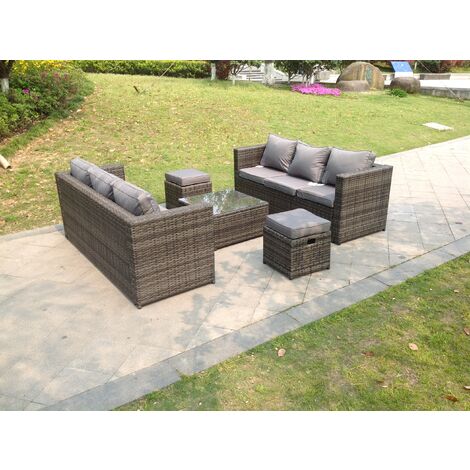 Fimous Dark Grey Rattan Garden Outdoor Sofa Set Square Coffee Table Small Footstools 8 Seater