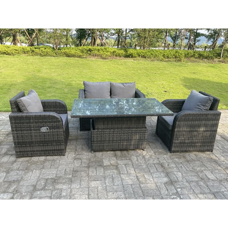 Dark Mix Grey Rotin Mobilier De Jardin Extérieur Ascenseur Réglable Table à Manger Ou Table Basse Ensemble Amour Canapé Chaise Longue 4 Places