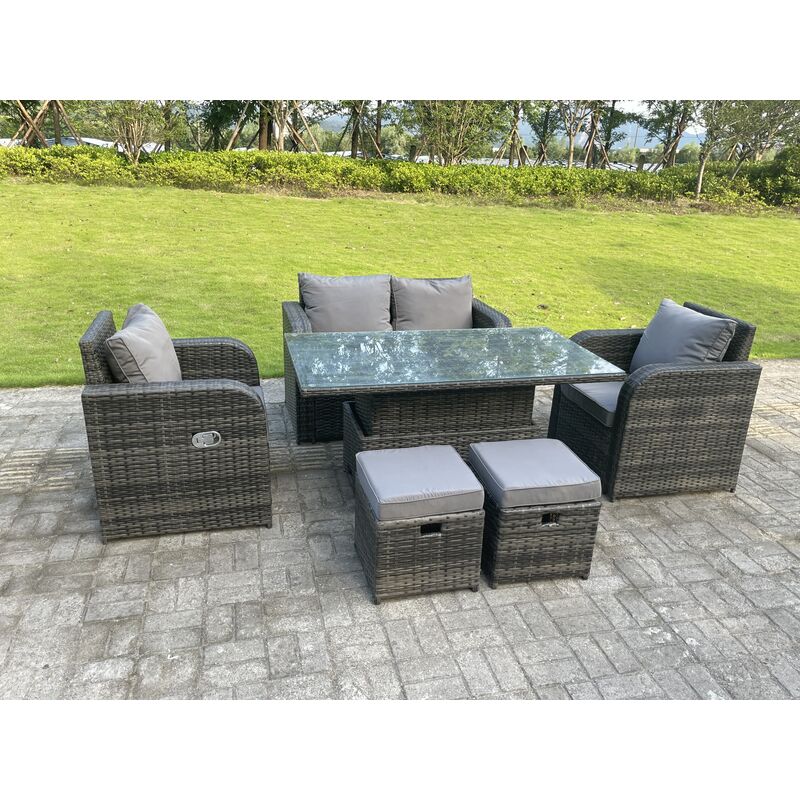 Dark Mix Grey Rotin Mobilier De Jardin Extérieur Ascenseur Réglable Table à Manger Ou Table Basse Ensemble Amour Canapé Chaise Longue Repose - Pieds
