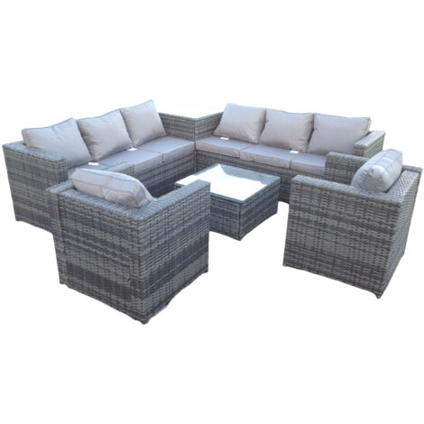 Fimous Dark Mixed Grey Rattan Gartenmöbel Set Ecksofa 2 Tische mit 2 Stühlen