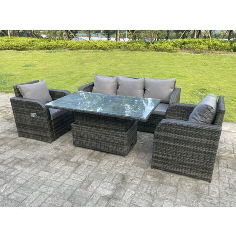 Fimous Dark Mixed Grey Rattan Outdoor Garden Furniture Lifting Adjustable Dining Or Coffee Table Sets Lounge Sofa Recling Chairs 5 Seater