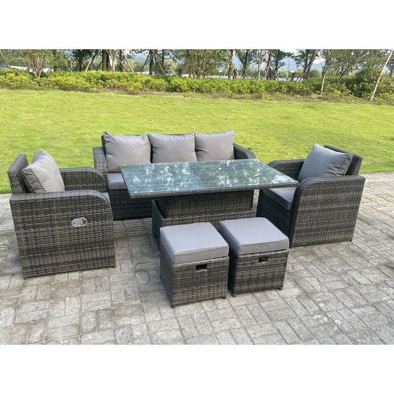 Dark Mixed Grey Rotin Mobilier De Jardin Extérieur Ascenseur Réglable Table à Manger Ou Table Basse Ensemble Salon Canapé Chaise Longue Repose