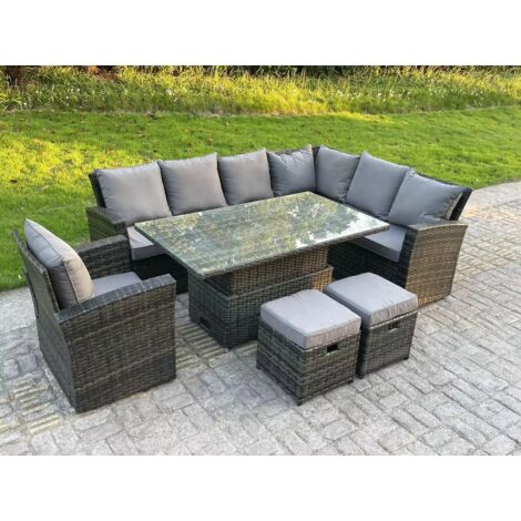Fimous Dos haut Ensemble de meubles de jardin en rotin avec canapé d'angles Table à manger réglable en hauteur Gris foncé mélangé 9 places rechte Ecke