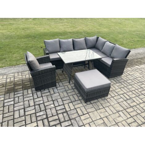 Fimous Dos haut Ensemble de meubles de jardin en rotin Ensemble canapé et table à manger avec Fauteuils Grands Tabouret 8 places Gris foncé mélangé