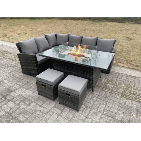 Fimous Dos haut Ensemble de meubles de jardin en rotin s Table avec foyer à gaz Canapé d'angle Petit tabouretn 8 places