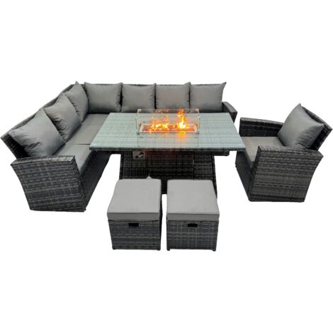 Fimous Dos haut Ensemble de meubles de jardin en rotin s Table avec foyer à gaz  Canapé d'angle Petit tabouretn Fauteuil 9 places