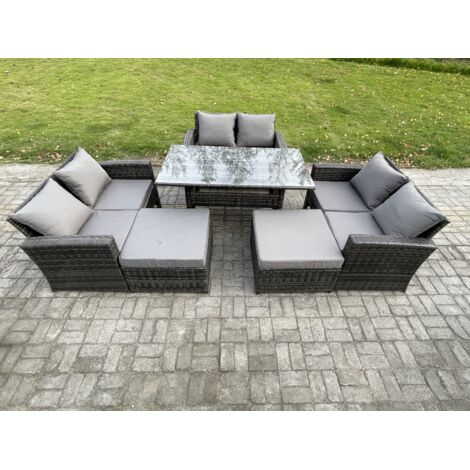 Fimous Dos haut Salon de jardin exterieur en resine Ensemble canapé et table à manger avec 2 Grands Tabourets Gris foncé mélangé