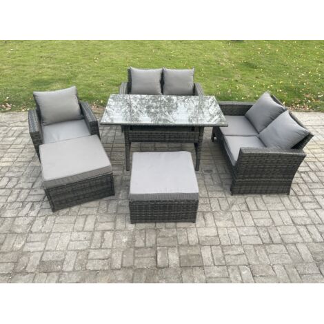 Fimous Dos haut Salon de jardin exterieur en resine Ensemble canapé et table à manger avec Fauteuils 2 Grands Tabourets Gris foncé mélangé