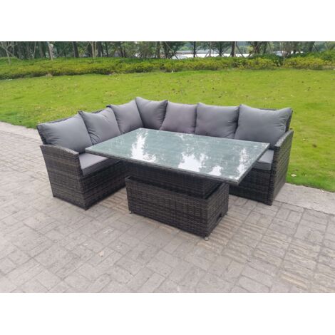 Fimous Dos haut Salon de jardin exterieur en resine Table à manger réglable en hauteur 6 places