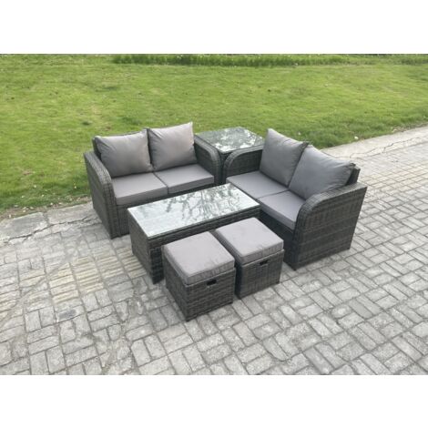 Fimous Dossier haut Salon de jardin avec Canapé d'amour Table basse rectangulaire 2 Petits tabourets Table d'appoint Gris foncé mixte